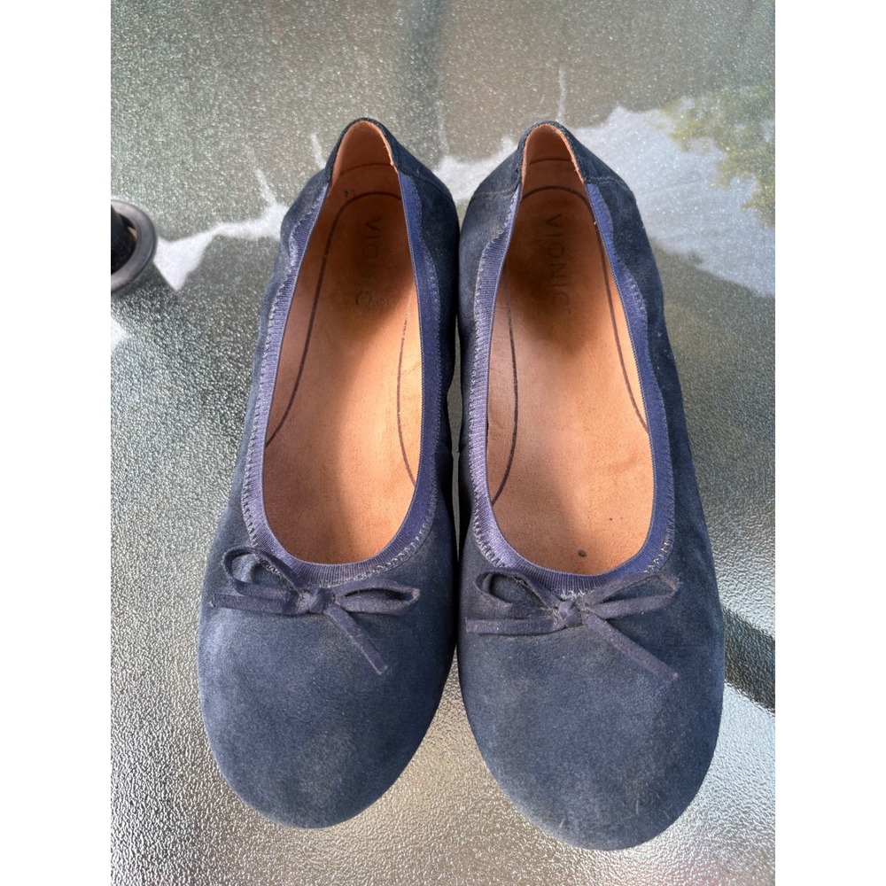 Vionic Liliana Navy Blue Suede Ballet Flats Bow Orthotic Support Womens 10 Wide